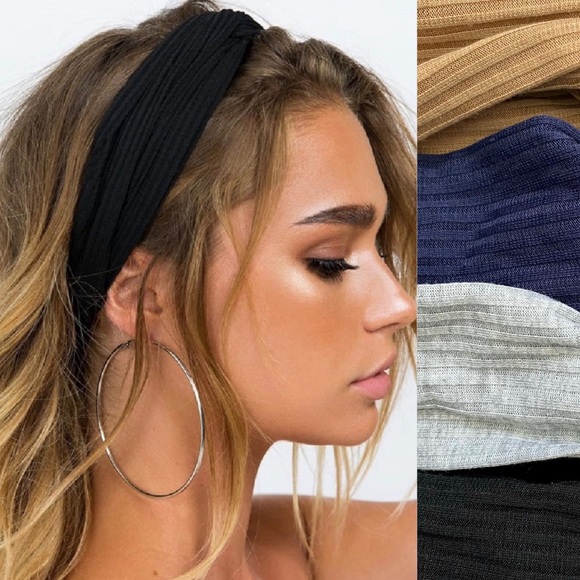 Set of 4 Ribbed Twist Front Headbands Black Tan Navy Grey Hippie Boho Hair Bands - Picture 1 of 6